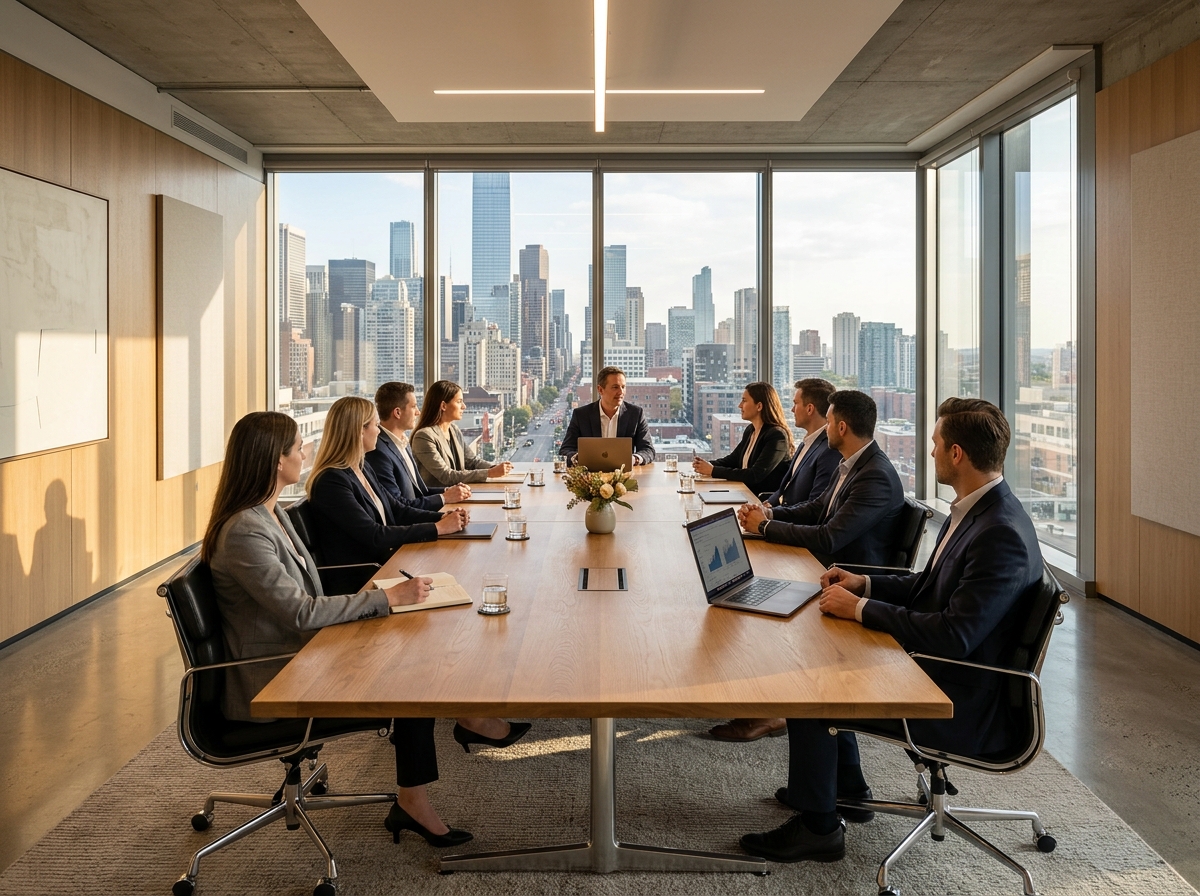 Executive board conference room overlooking financial district