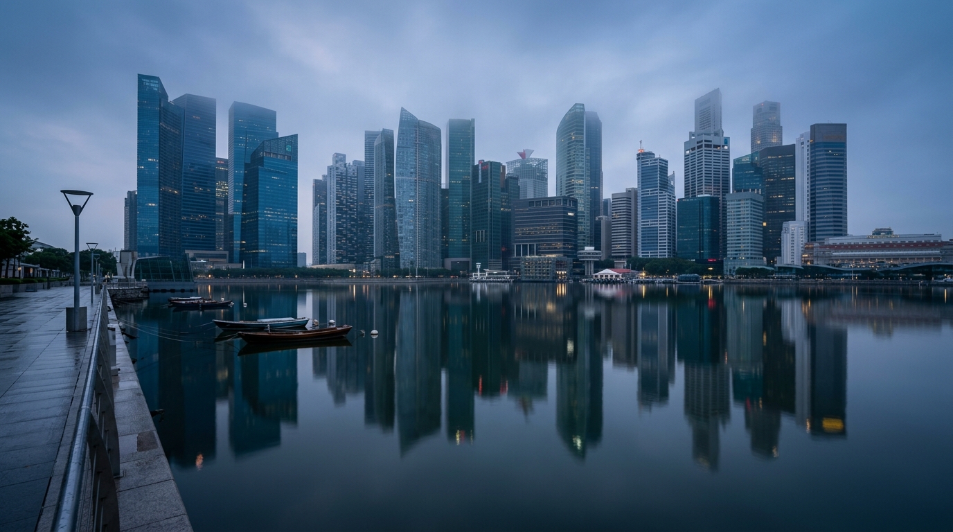 Financial district skyline reflecting on water at dawn