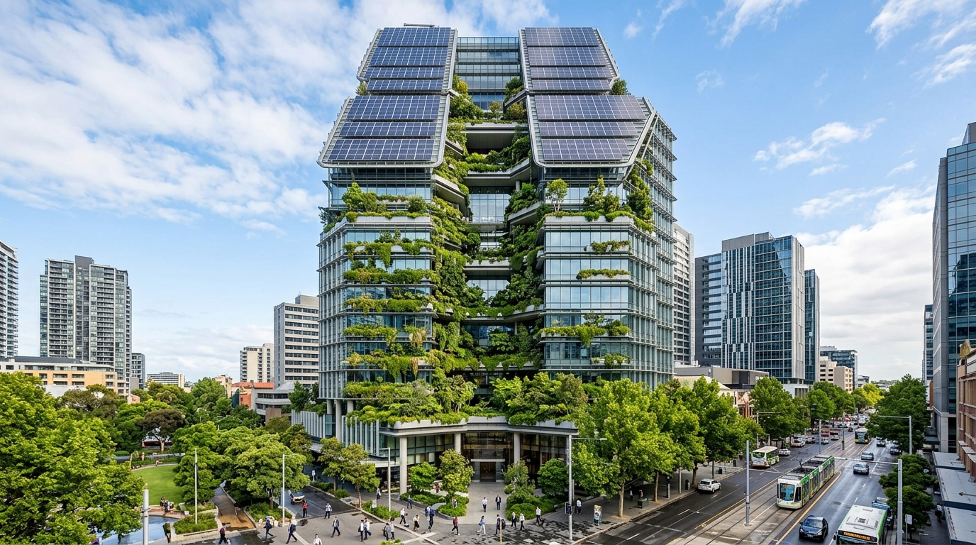 Biophilic sustainable corporate skyscraper with vertical vegetation and solar arrays